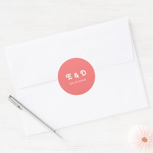 Monogram Chic Retro Bright Coral Pink Wedding Ronde Sticker