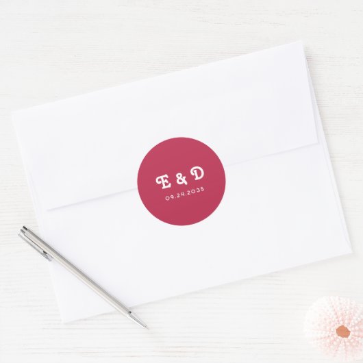 Monogram Chic Retro Heldere Hot Pink Wedding Ronde Sticker (Envelop)