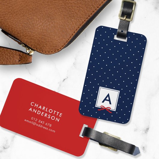 Monogram Chic Rood Lint Polka Dot Blauw Bagagelabel