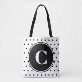 Monogram Chic White Black Polka Dots Tote Bag