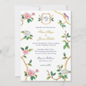 Monogram Chinoiserie Border met Crest Wedding Kaart (Voorkant)