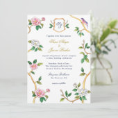 Monogram Chinoiserie Border met Crest Wedding Kaart (Staand voorkant)