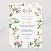 Monogram Chinoiserie Border met Crest Wedding Kaart (Voorkant / Achterkant)