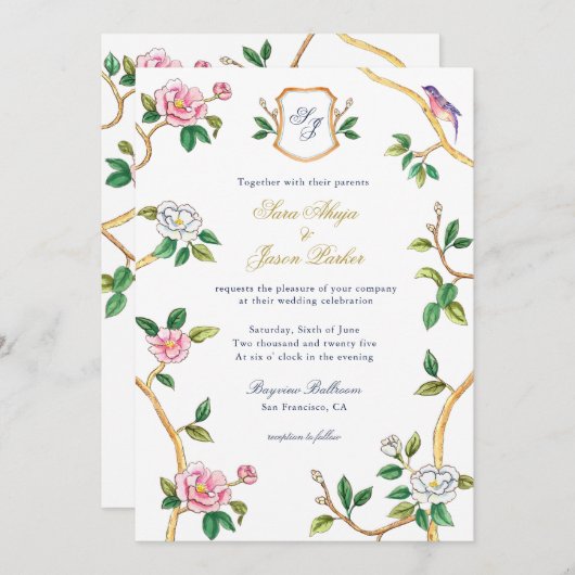 Monogram Chinoiserie Border met Crest Wedding Kaart (Voorkant / Achterkant)