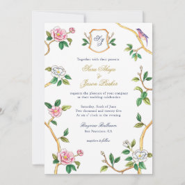 Monogram Chinoiserie Border met Crest Wedding Kaart