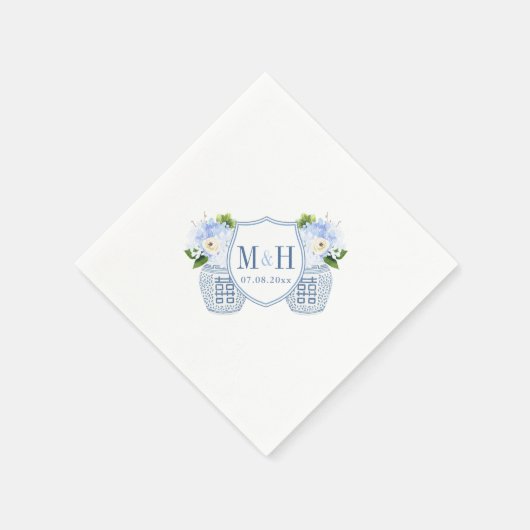 Monogram Chinoiserie Chic Blue en White Wedding Servet (Hoek)