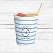 Monogram chique blauwe strepen familie strand huis papieren bekers