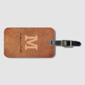 Monogram Chique Bruin Leer Naam Script Modern Bagagelabel (Voorkant (horizontaal))