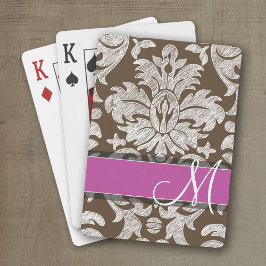 Monogram chocolade en magenta Damask Pattern Pokerkaarten