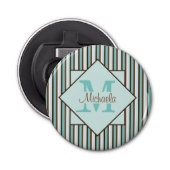 Monogram Chocolate Brown & Mint Green Stripes Button Flesopener (Voorkant)