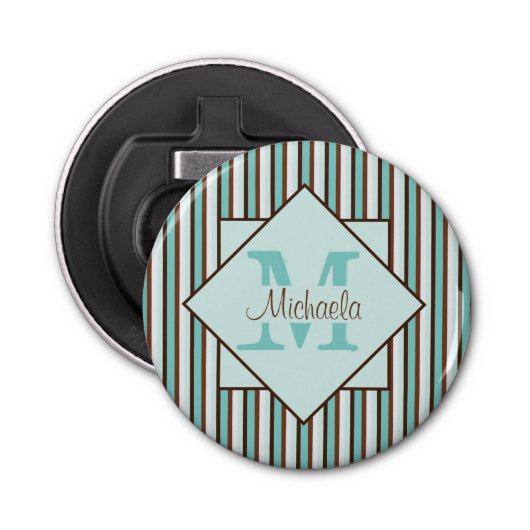 Monogram Chocolate Brown & Mint Green Stripes Button Flesopener (Voorkant)