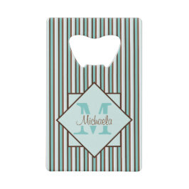 Monogram Chocolate Brown & Mint Green Stripes Creditkaart Flessenopener