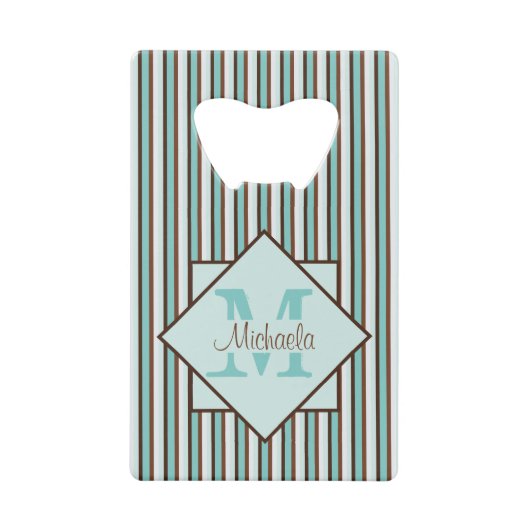 Monogram Chocolate Brown & Mint Green Stripes Creditkaart Flessenopener (Voorkant)