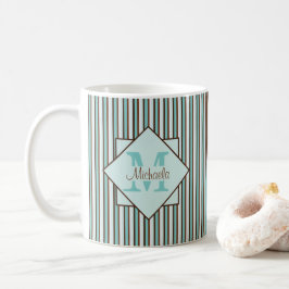 Monogram Chocolate Brown & Mint Green Stripes Koffiemok