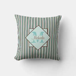 Monogram Chocolate Brown & Mint Green Stripes Kussen