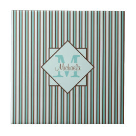 Monogram Chocolate Brown & Mint Green Stripes Tegeltje