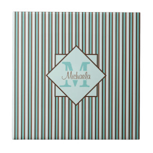 Monogram Chocolate Brown & Mint Green Stripes Tegeltje