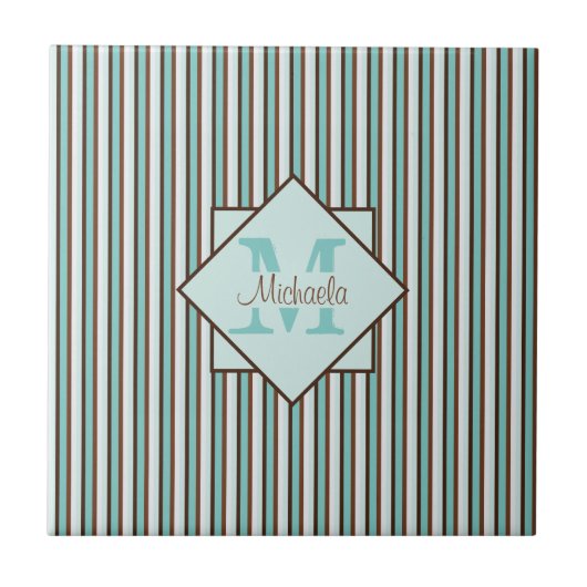 Monogram Chocolate Brown & Mint Green Stripes Tegeltje (Voorkant)