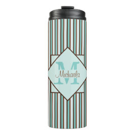 Monogram Chocolate Brown & Mint Green Stripes Thermosbeker