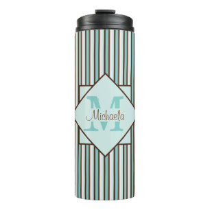 Monogram Chocolate Brown & Mint Green Stripes Thermosbeker