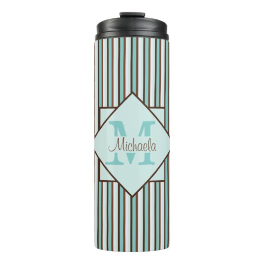 Monogram Chocolate Brown & Mint Green Stripes Thermosbeker (Voorkant)