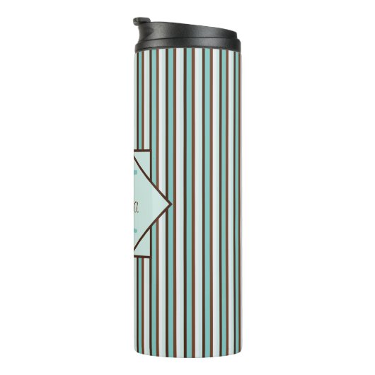 Monogram Chocolate Brown & Mint Green Stripes Thermosbeker (Geroteerd rechts)