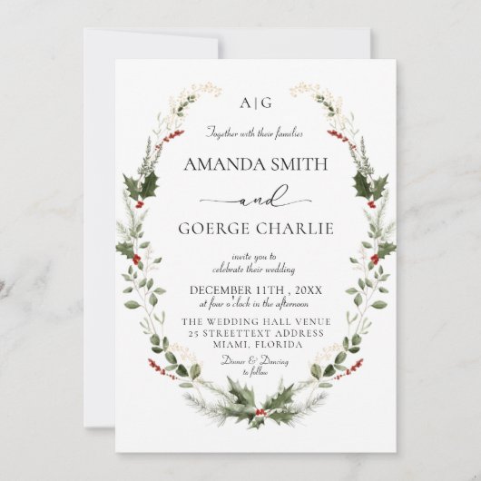 monogram Christmas greenery Winter Photo wedding Kaart (Voorkant)