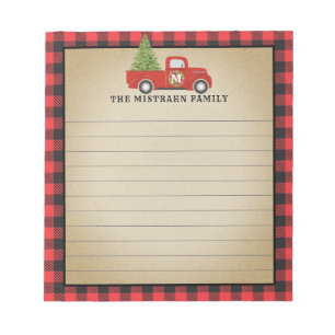 Monogram Christmas Red Truck Buffalo Plaid Notitieblok
