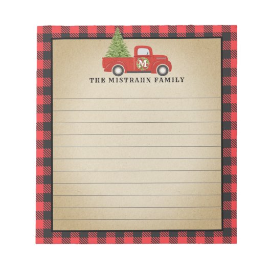 Monogram Christmas Red Truck Buffalo Plaid Notitieblok (Voorkant)