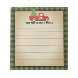 Monogram Christmas Red Truck Green Buffalo Plaid Notitieblok