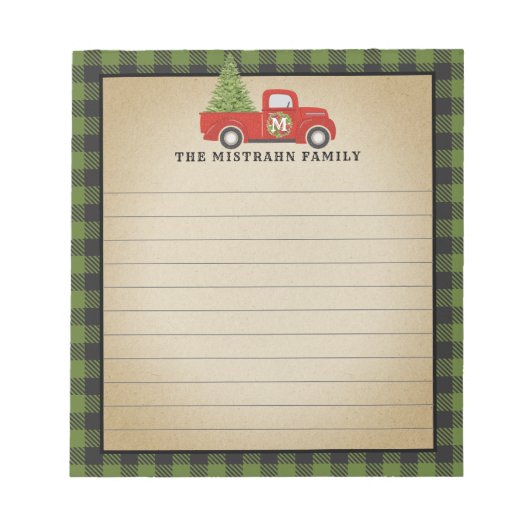 Monogram Christmas Red Truck Green Buffalo Plaid Notitieblok (Voorkant)