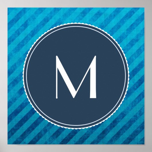 Monogram Cirkel op blauwe diagonale strepen Poster (Voorkant)