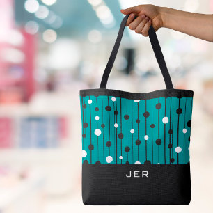 Monogram Cirkels Lijnen Zwart Wit Teal Tote Bag