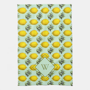 Monogram Citroen- en olijfpatroon geel en blauw Theedoek