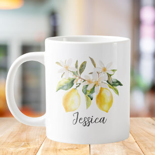 Monogram Citroen Vruchten Witte Bloemen Boomtak Grote Koffiekop