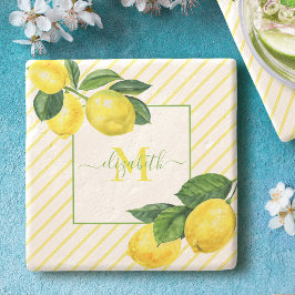 Monogram citroenen waterverf strepen rustiek land stenen onderzetter