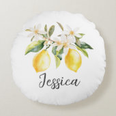Monogram Citroenvruchten Witte Bloemen Boomtak Rond Kussen (Voorkant)
