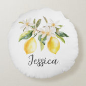 Monogram Citroenvruchten Witte Bloemen Boomtak Rond Kussen (Achterkant)