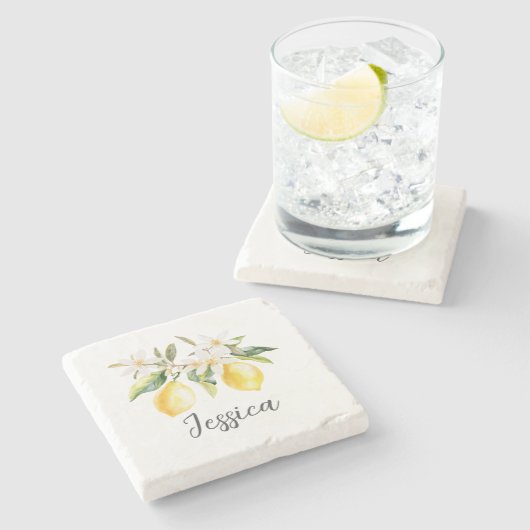 Monogram Citroenvruchten Witte Bloemen Boomtak Stenen Onderzetter (Zijkant)