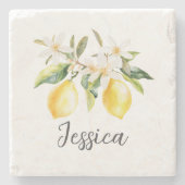 Monogram Citroenvruchten Witte Bloemen Boomtak Stenen Onderzetter (Voorkant)
