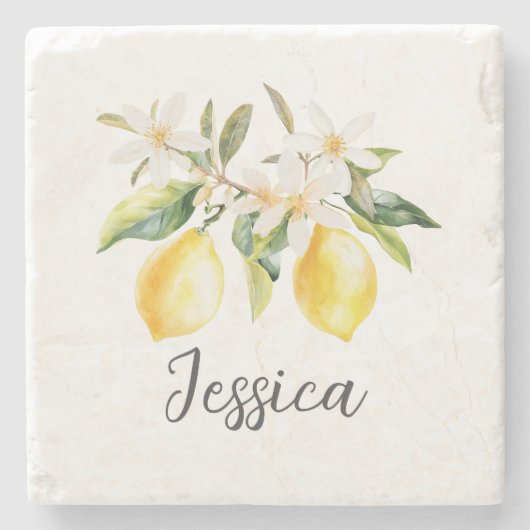 Monogram Citroenvruchten Witte Bloemen Boomtak Stenen Onderzetter (Voorkant)