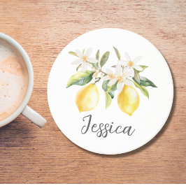 Monogram Citroenvruchten Witte Bloemen Boomtak Zandsteen Onderzetter