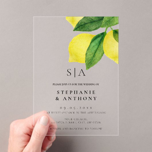Monogram Citrus Branch Wedding Acryl Uitnodigingen (Insitu (Draagbaar))