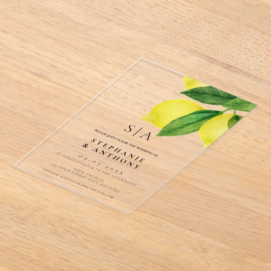 Monogram Citrus Branch Wedding Acryl Uitnodigingen (Laagn)