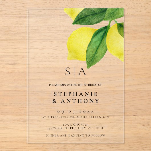 Monogram Citrus Branch Wedding Acryl Uitnodigingen (Voorkant)