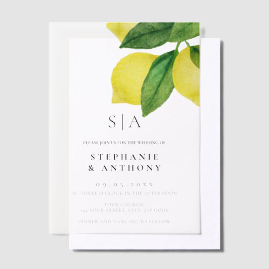 Monogram Citrus Branch Wedding Vellum Uitnodigingen (Offset)