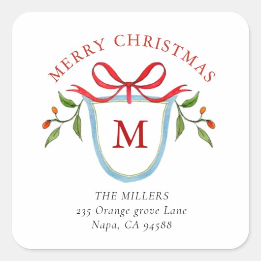 Monogram Citrus Crest met adres Vierkante Sticker (Voorkant)