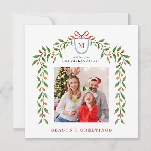 Monogram Citrus Garland Holiday foto Aankondiging (Voorkant)