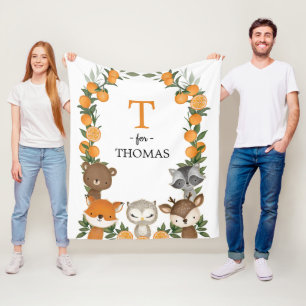 Monogram Citrus Oranje Woodland Greenery Animals Fleece Deken