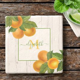 Monogram citrus sinaasappels aquarel roestig hout stenen onderzetter